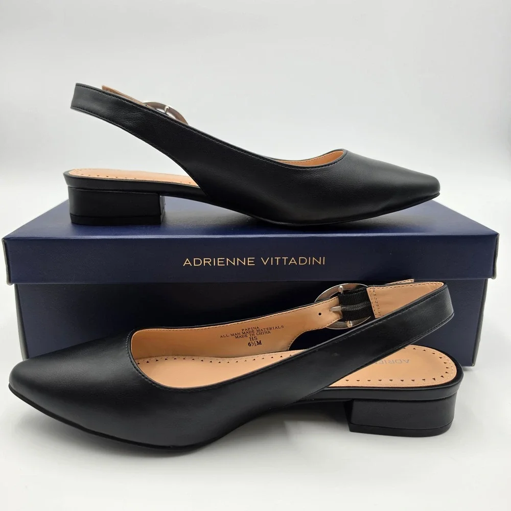 Adrienne Vittadini Papina Black Slingback Pointed Toe Block Heel Pumps 6.5M